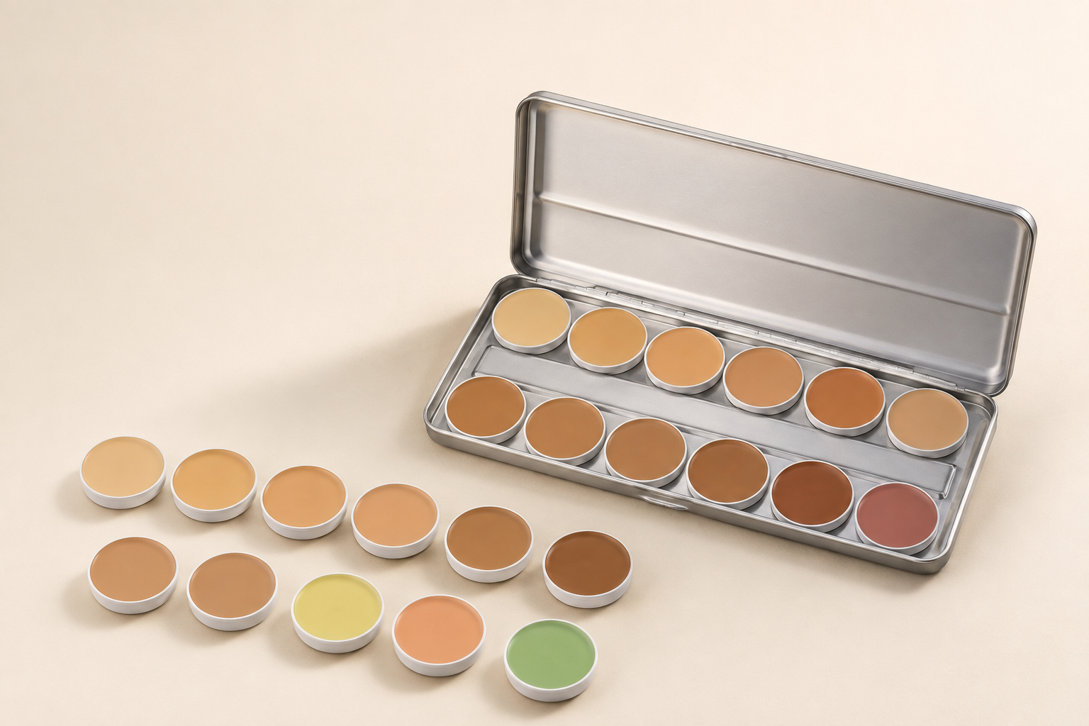 Paleta Dermacolor aberta com refis organizados para escolha de tons