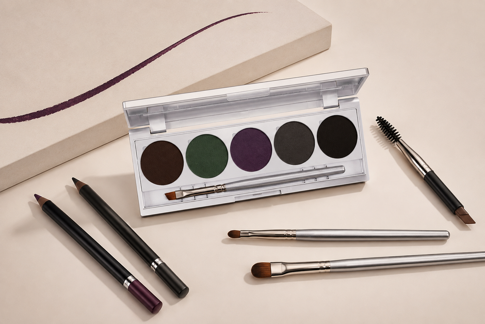 Sombras, lápis e pincéis para maquiagem profissional dos olhos